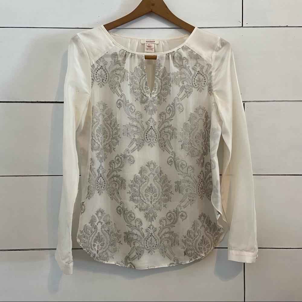 Sundance White and Silver Embroidered Silk Blouse.